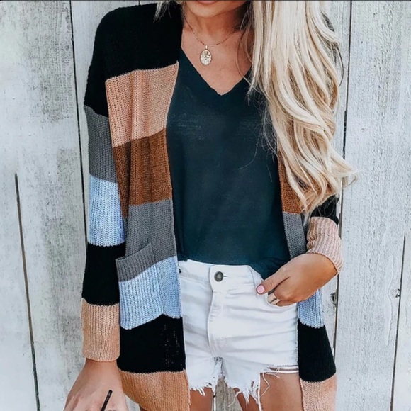 ECOWISH Women's Color Block Striped Kimono Cardigan - Long Sleeve Open Front Draped Sweater With Pockets